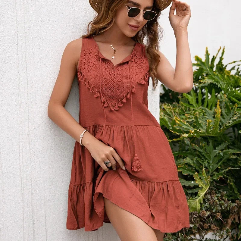 Casual dames zomer kwastjes kant hoge taille mouwloze korte mini-jurk vestido