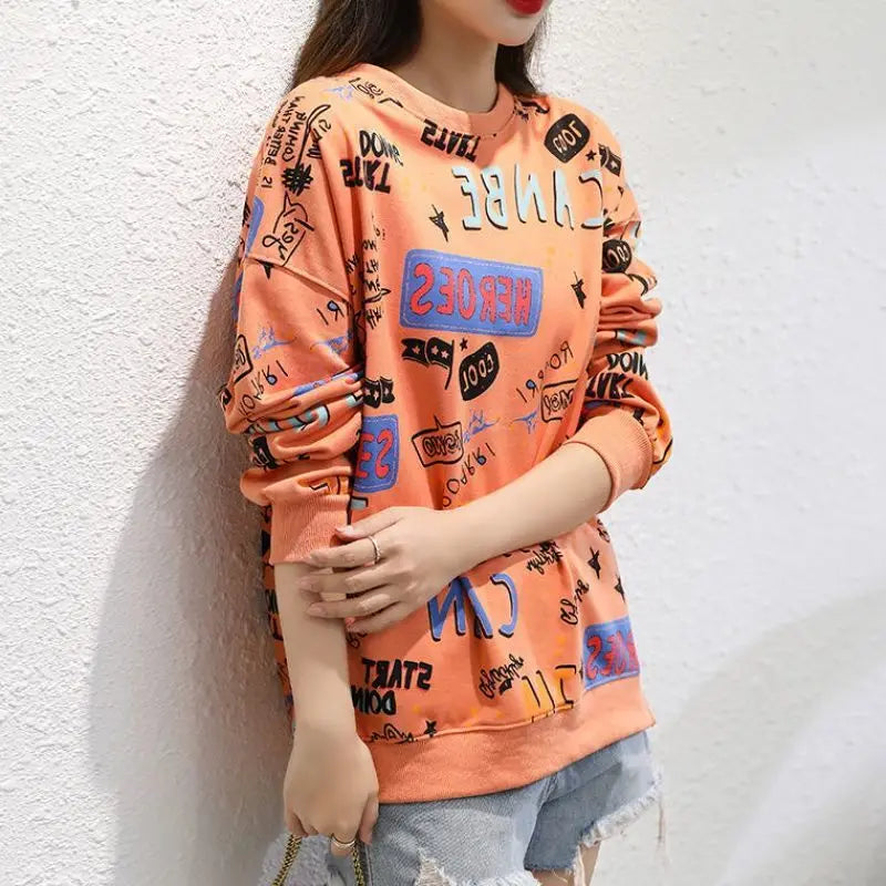 Classic Fashion Printing Letter Sweatshirts Women Long Sleeve Loose O collar Slim Casual All match