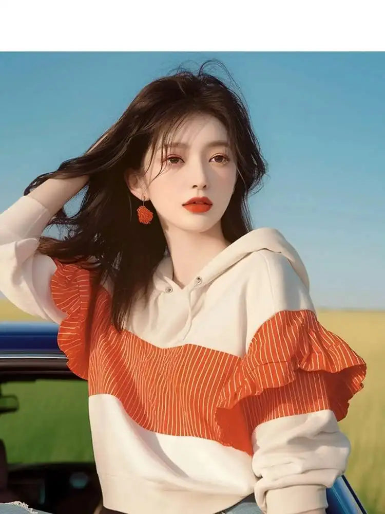 Koreaanse design niche westerse stijl top met unieke afslankende strepen en patchwork capuchontrui