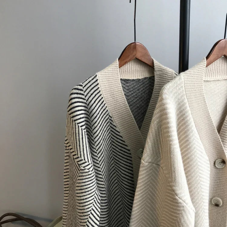 Bornladies Dames Trui Herfst Winter V-hals Gestreept Losvallend Cardigan