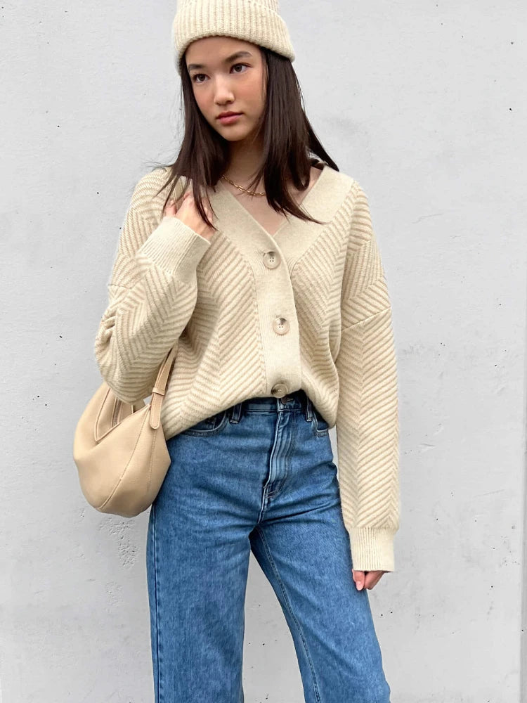 Bornladies Dames Trui Herfst Winter V-hals Gestreept Losvallend Cardigan