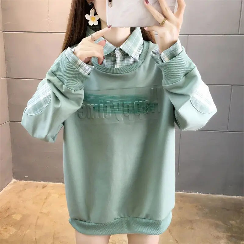 Fake Two Hoodies voor vrouwelijke studenten Koreaans ontwerp Patchwork Dun Lange mouwen Los Veelzijdig