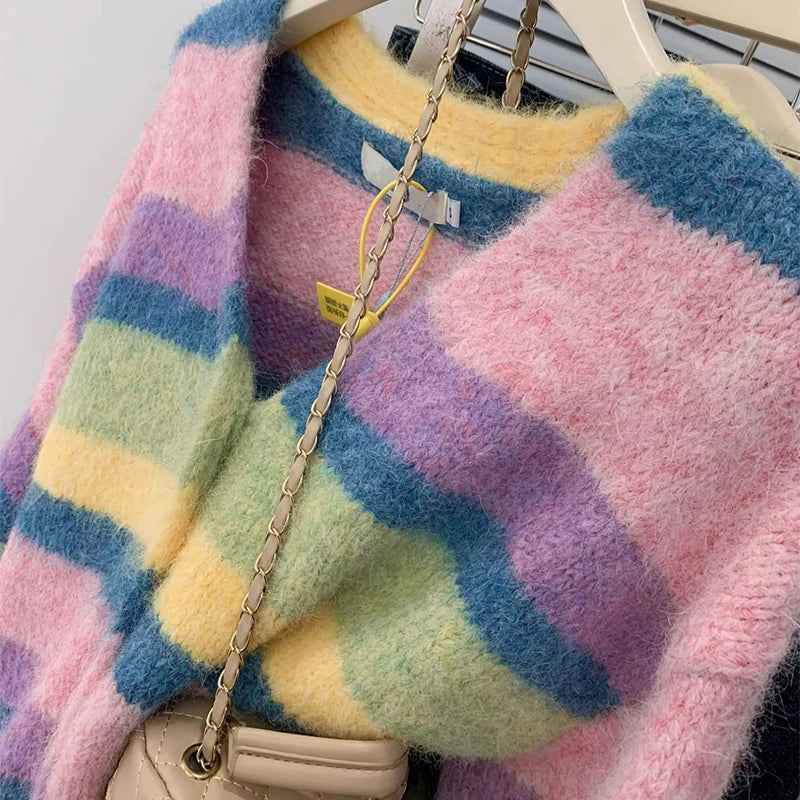 Chic regenboog gestreepte cardigan voor dames, losse enkelrijs gebreide cardigan voor dames