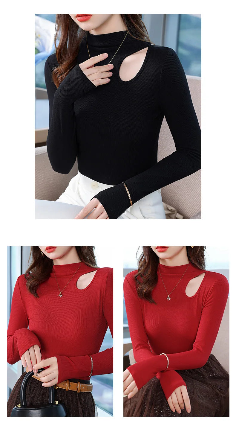Dames Herfst Winter Bottoming Shirt Zwart Wit Casual Basic Slim Fluweel Thermisch