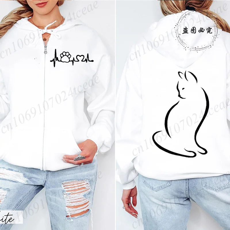 Dames Hoodie met Ritssluiting, Herfst Winter, Schattige Kat, Heatbeat Sweatshirt, Hiphop