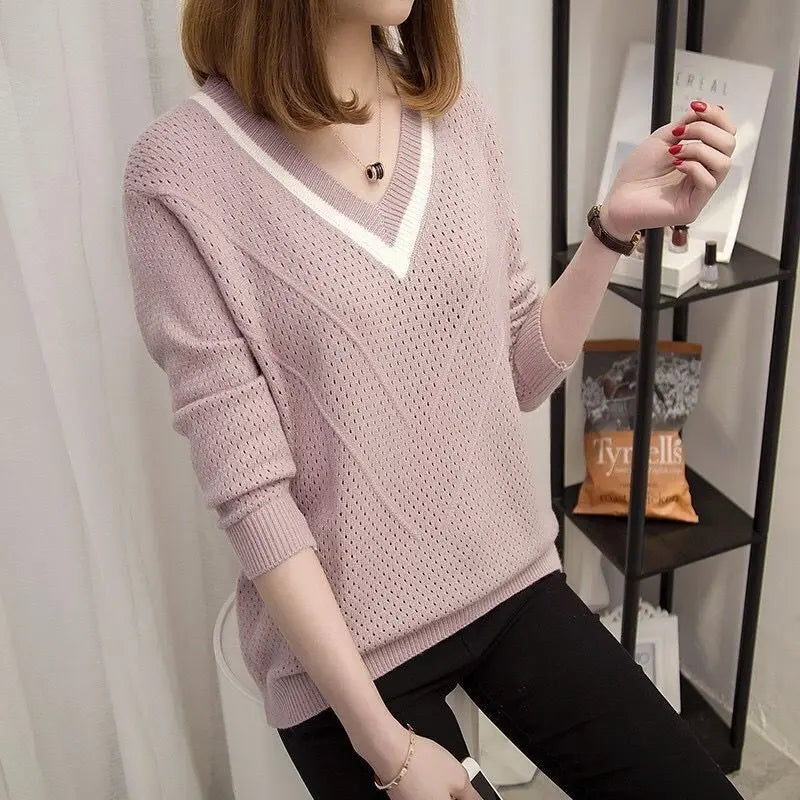 Casual Hollow Out gebreide trui dames herfst winter V-hals lange mouw warm