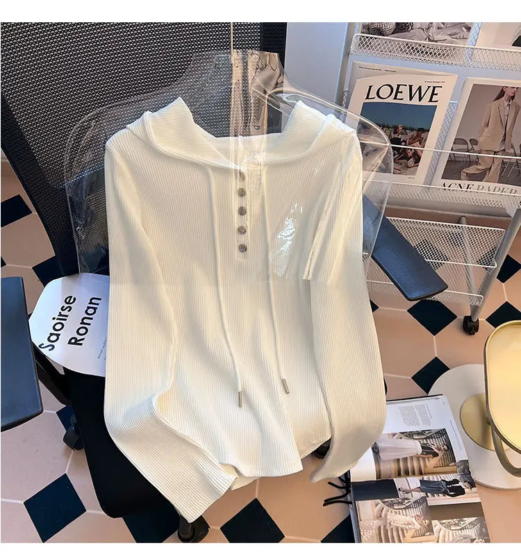 Uniek geknoopt T-shirt met capuchon voor dames, lente/herfst, onregelmatige korte mouwen, lange mouwen, basislaag