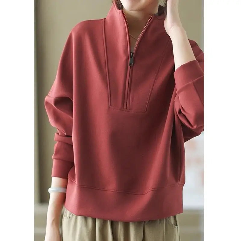Fashionable and Casual Stand up Collar Sweatshirt Women in Spring and Autumn Loose Semi zipper