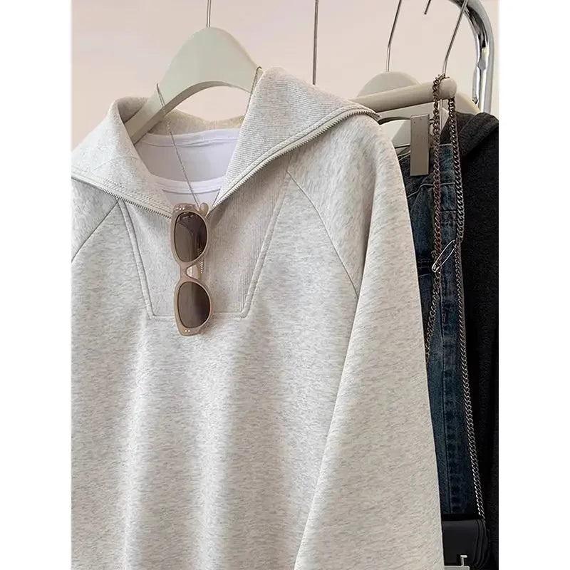 Large Size Age-reducing Cartoon Half-zipper Plus Velvet Sweatshirt Coat  Women Loose Slim Jacket