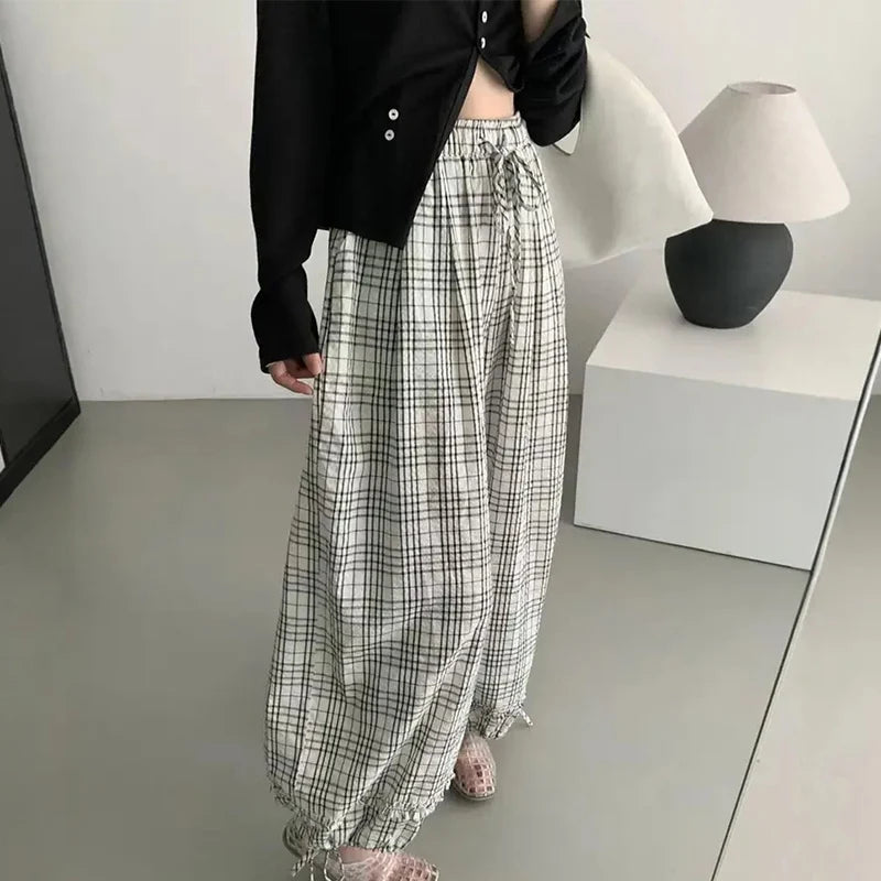 Zomer casual geruite lange broek voor vrouwen met trekkoord en wijde pijpen, losse broek voor vrouwen