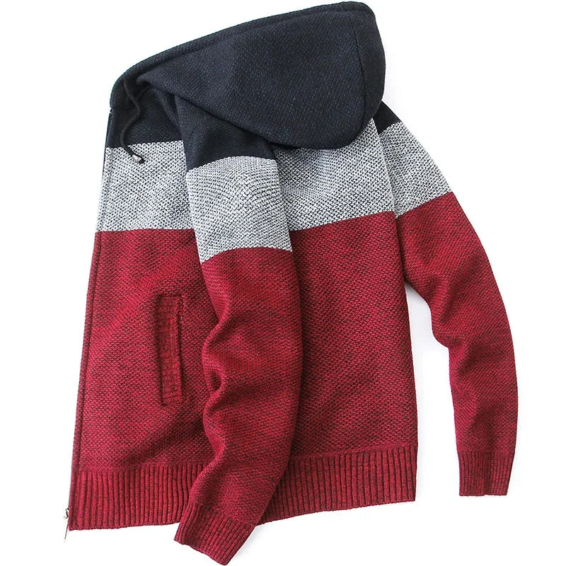 Men s Casual High Neck Long Sleeve Knitted Hoodie Coat Velvet Warmth Autumn Winter Fashion Multi