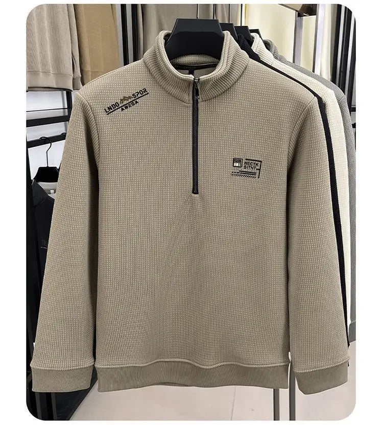 Men s Fleece Liner Sweatshirts Vintage Half Zipper Print Plaid Texture Thick Wool Warm Pullover