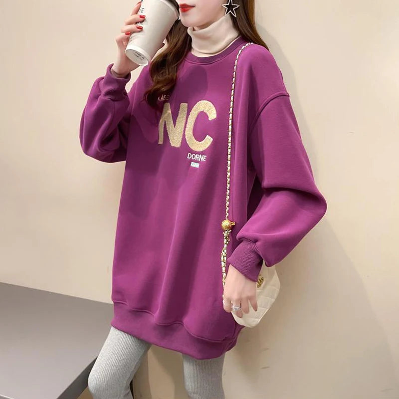 Autumn Winter High Collar Long Sleeve Fleece Thick Oversize Streetwear Female Sweatshirt Fake 2