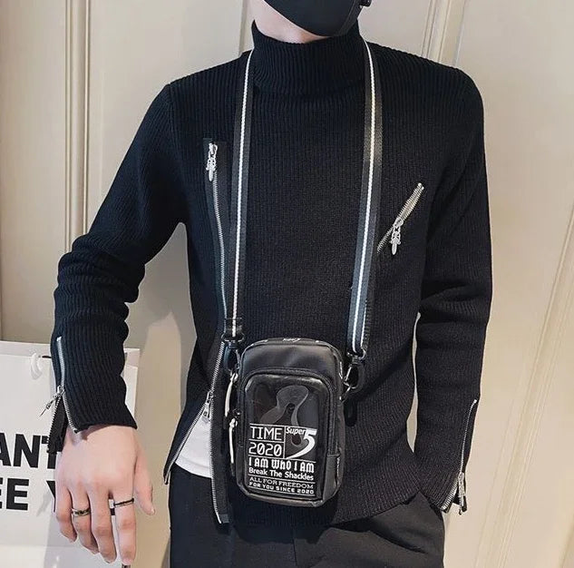 Motorcycle Men s Clothing Turtleneck Pullovers Zipper Knit Sweater Male High