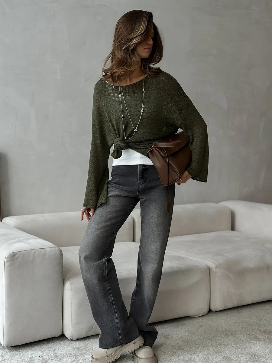 Bornladies Simple Solid Color Long Sleeved Sweater Women s Spring Knitted Hollow