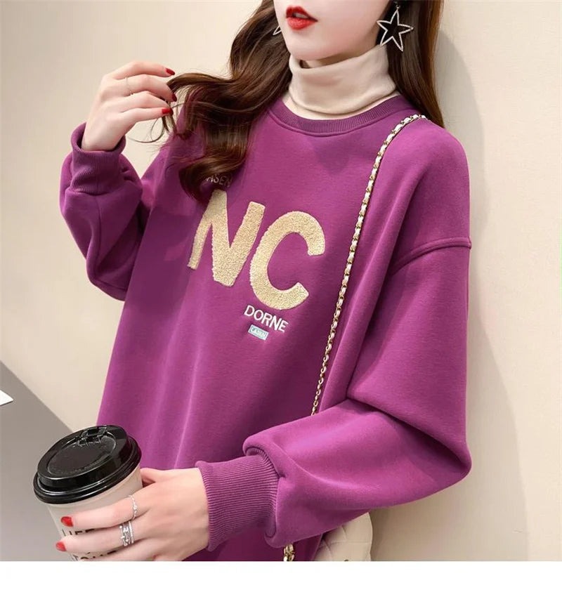 Autumn Winter High Collar Long Sleeve Fleece Thick Oversize Streetwear Female Sweatshirt Fake 2