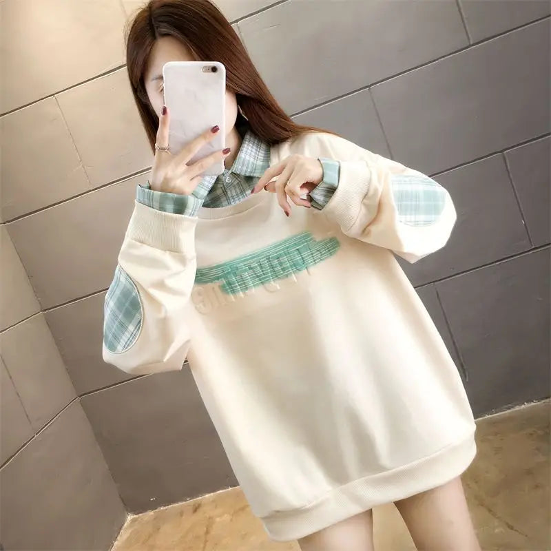Fake Two Hoodies voor vrouwelijke studenten Koreaans ontwerp Patchwork Dun Lange mouwen Los Veelzijdig