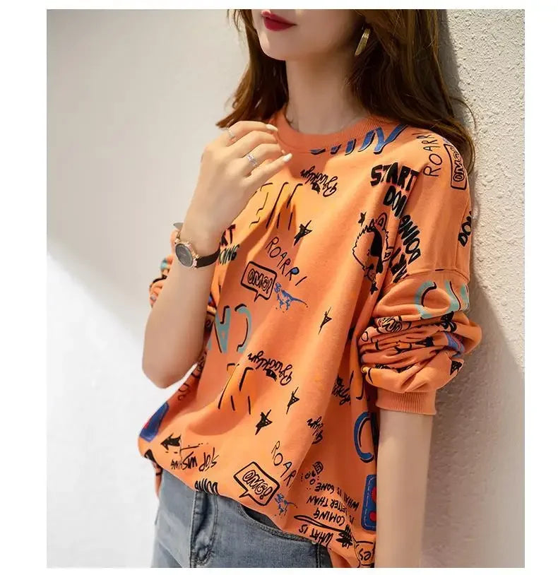 Classic Fashion Printing Letter Sweatshirts Women Long Sleeve Loose O collar Slim Casual All match