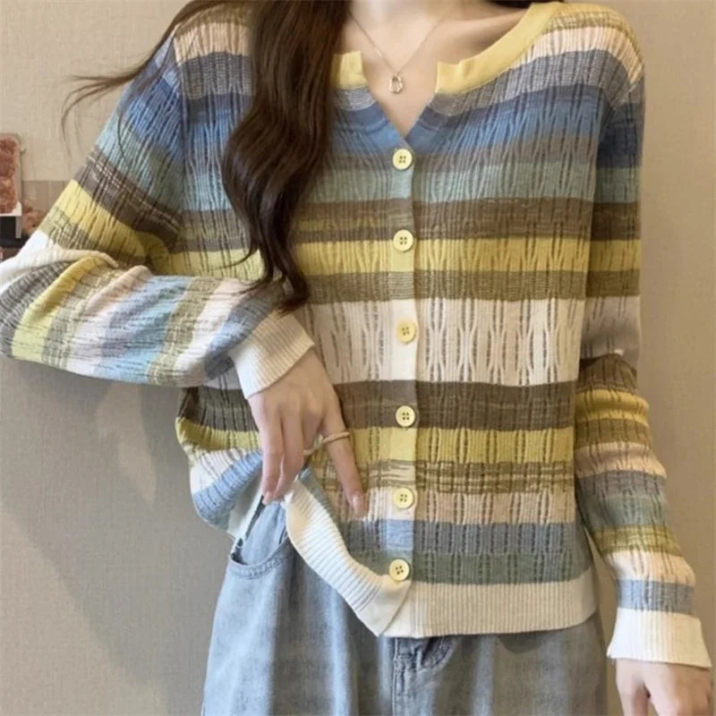 Herfst Dames Trui Koreaans Kort Mode Stikwerk gestreept Breiwerk Cardigan