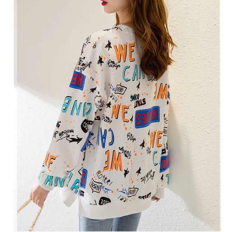 Classic Fashion Printing Letter Sweatshirts Women Long Sleeve Loose O collar Slim Casual All match