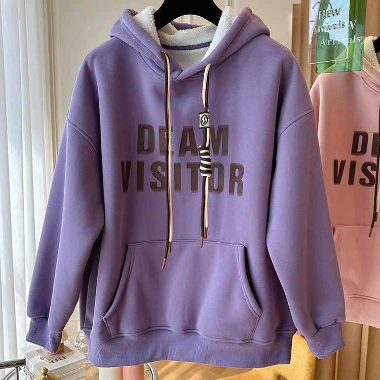 Loose Casual Letter Print Hooded Hoodies Sweatshirts Autumn Winter Thick Long