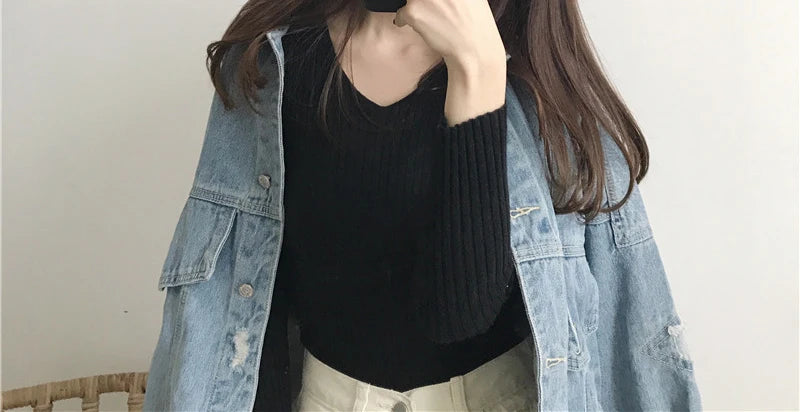 Heliar Dames V-hals Slim Sexy Trui Gebreid Lange Mouw Effen Onderkant Trui