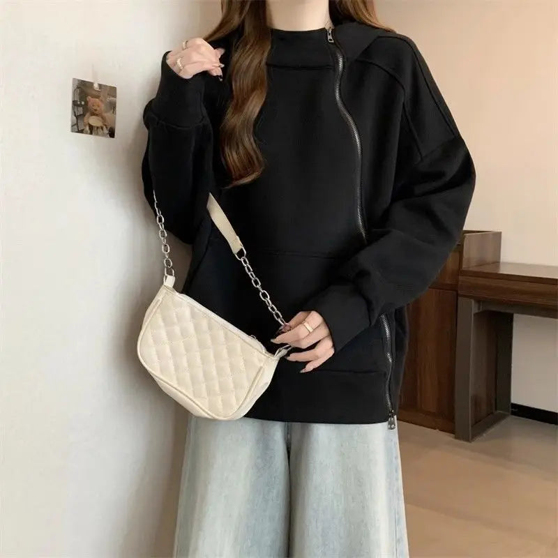 Plus Size Women Belly covering Hooded Diagonal Zipper Long sleeved Sweatshirt for Fat Girls Loose