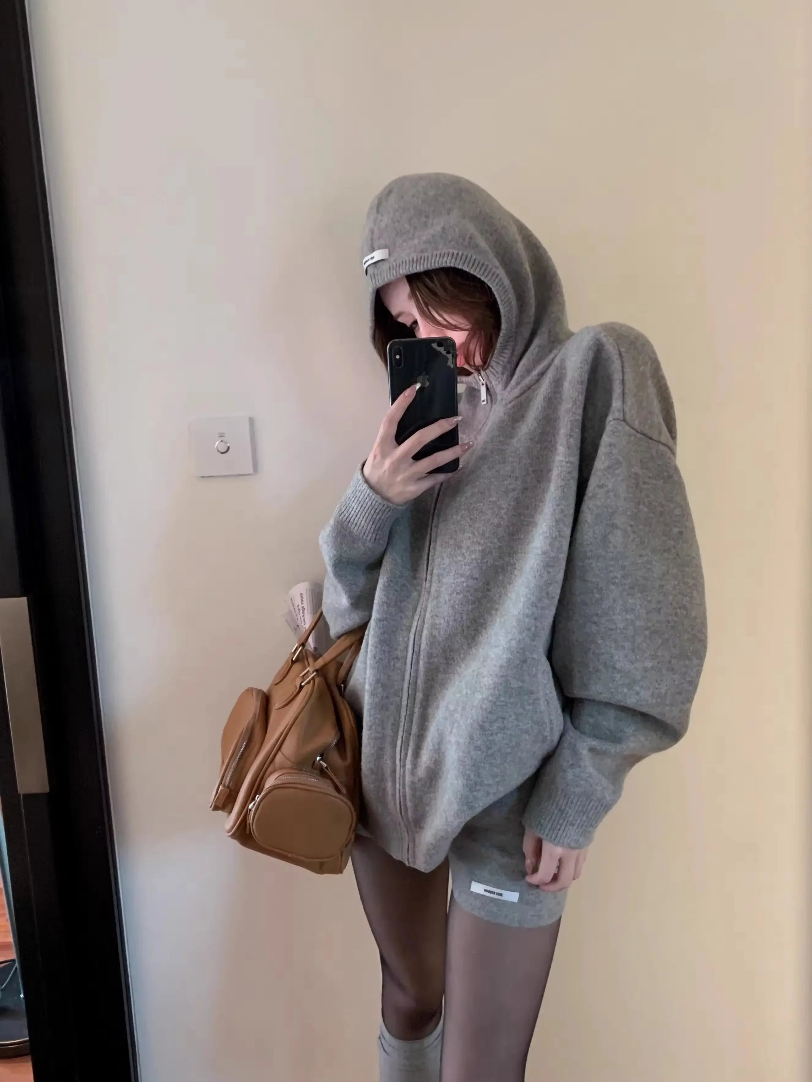 Retro Girl Grijs Gebreide Rits Hoodie Y2k Amerikaans Pak Dames Hoge Taille