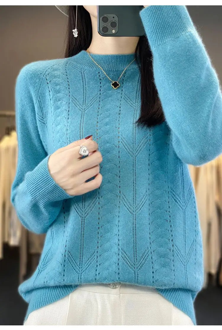 Women Stylish Simple Hollow Soft Cashmere Basic Knitted Sweater Solid O Neck Long Sleeve Loose