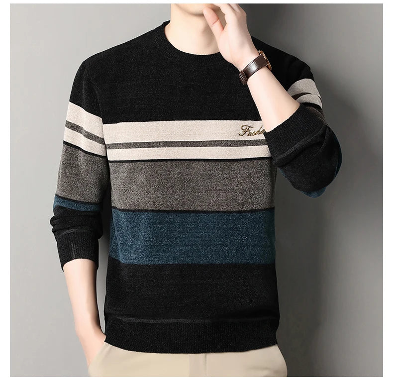 Mens Chenille Sweaters Fashion Knitting Pullover Striped Men s Autumn Winter Top Clothes Round