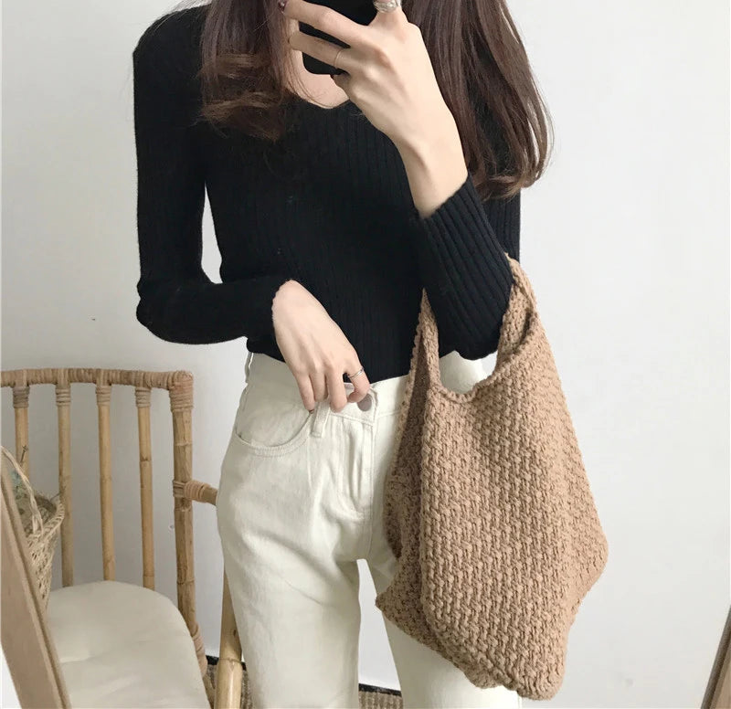 Heliar Dames V-hals Slim Sexy Trui Gebreid Lange Mouw Effen Onderkant Trui