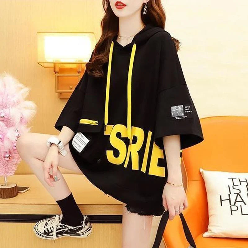 Zomerse hoodie met capuchon, halflange mouwen, dames, casual, losvallend