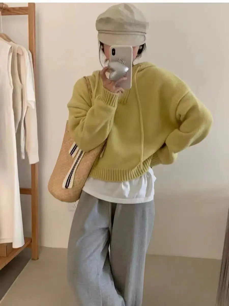 Koreaanse gebreide hoodie met capuchon, effen kleur, zachte en losse bedekking