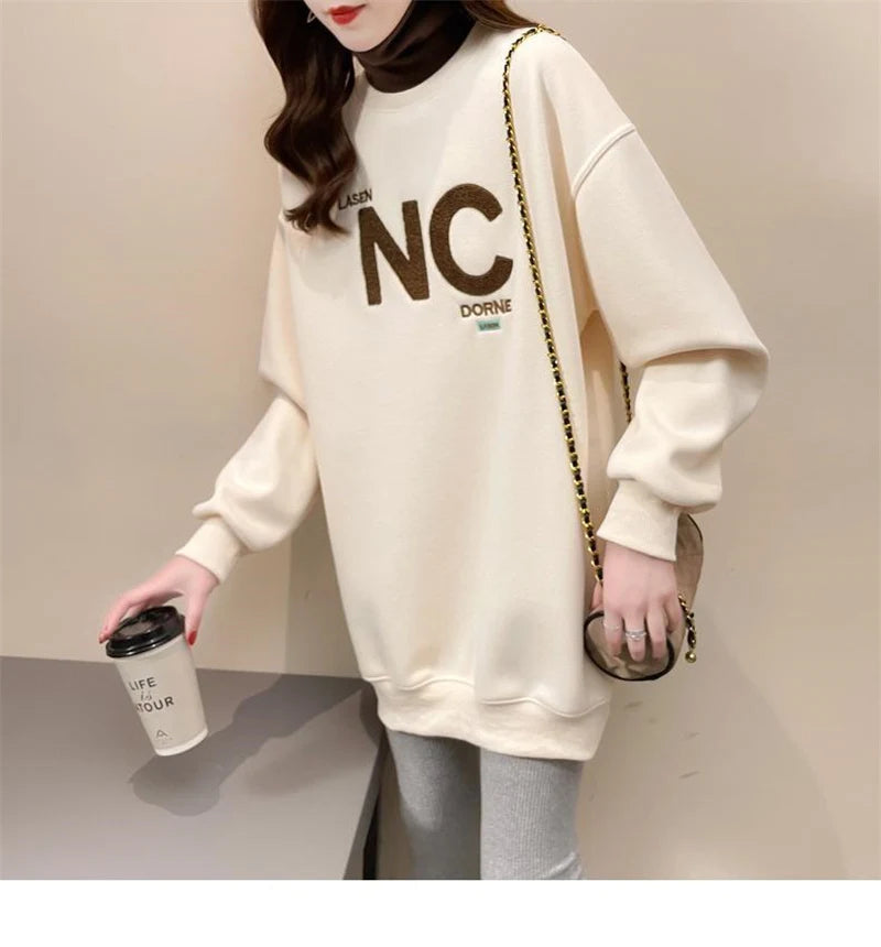 Autumn Winter High Collar Long Sleeve Fleece Thick Oversize Streetwear Female Sweatshirt Fake 2