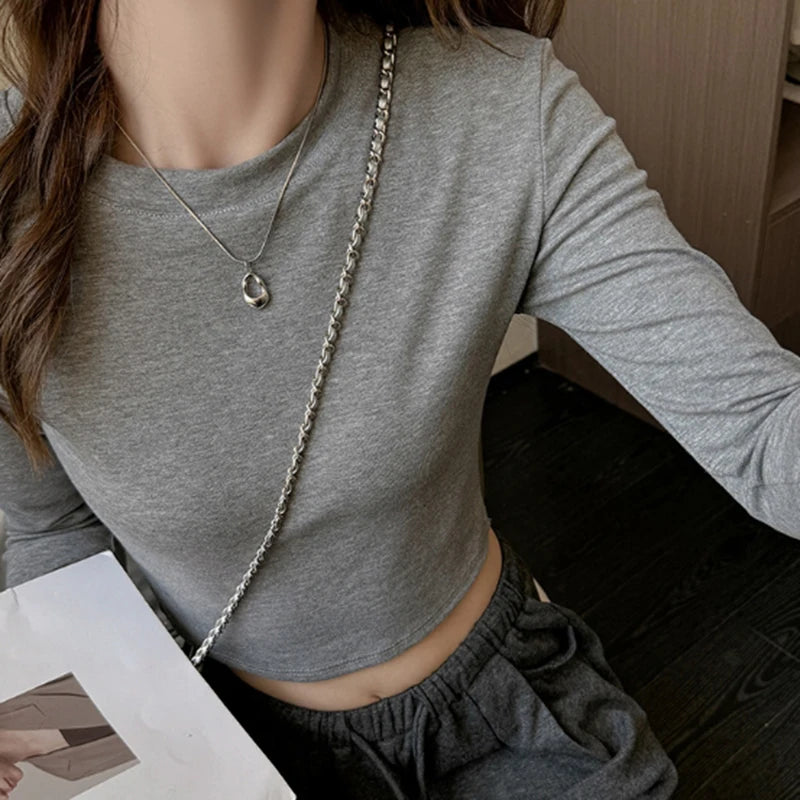 Basic effen kleur crop T-shirt dames lente herfst chique lange mouwen truien