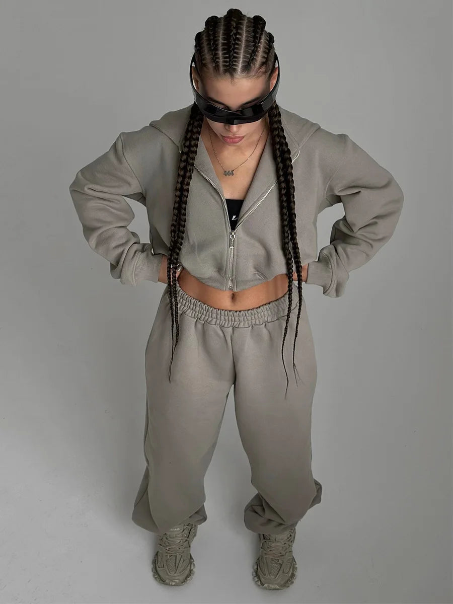 Bornladies Dames Cropped Hoodie Sweatpants Set Losse Trekkoord Taille Ritssluiting