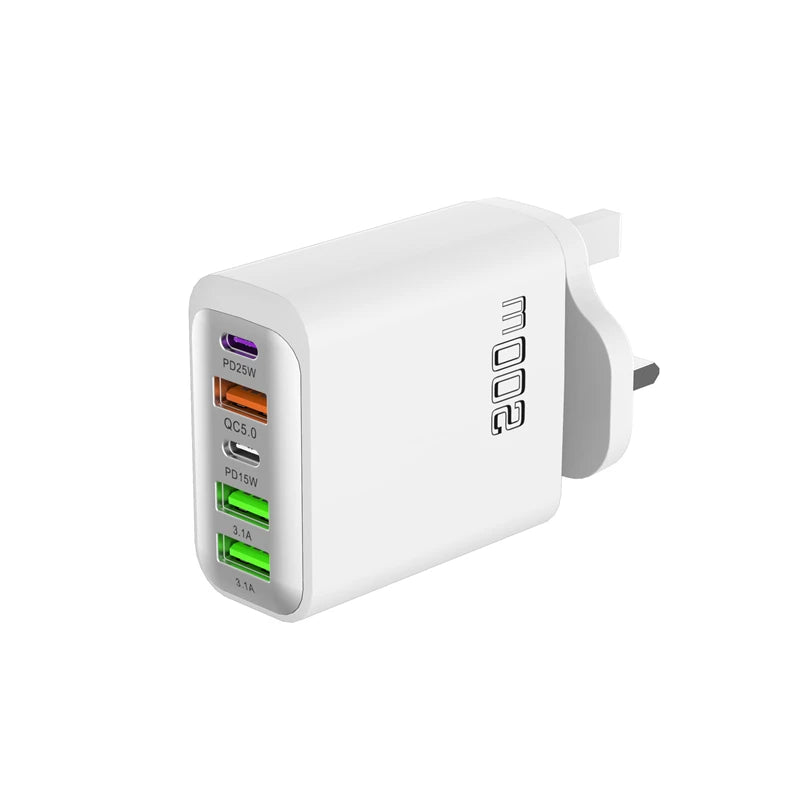 Total 200w Fast Charging Charger Five Ports Mobile Phone Charger 3u+2c