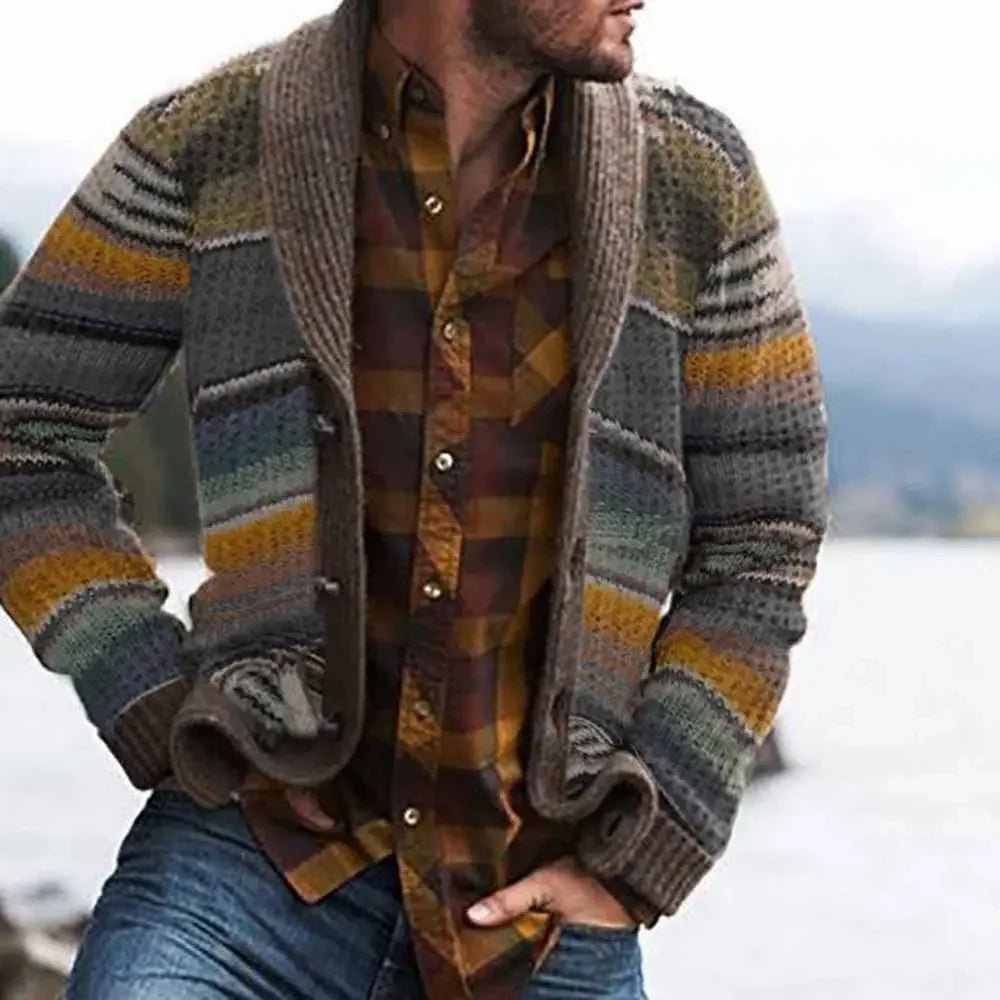 Men's Sweater Jacket Lapel Color-blocked Knitted Cardigan Sweater