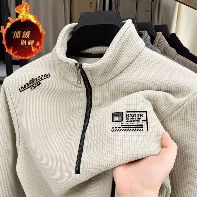 Men s Fleece Liner Sweatshirts Vintage Half Zipper Print Plaid Texture Thick Wool Warm Pullover