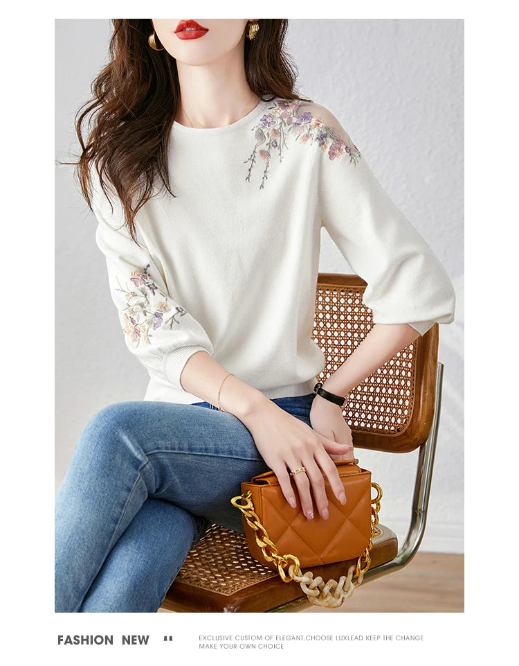 Летний вязаный свитер с цветочной вышивкой, женский пуловер, повседневная мода для женщин