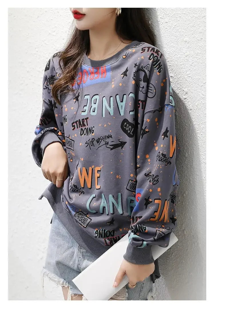 Classic Fashion Printing Letter Sweatshirts Women Long Sleeve Loose O collar Slim Casual All match
