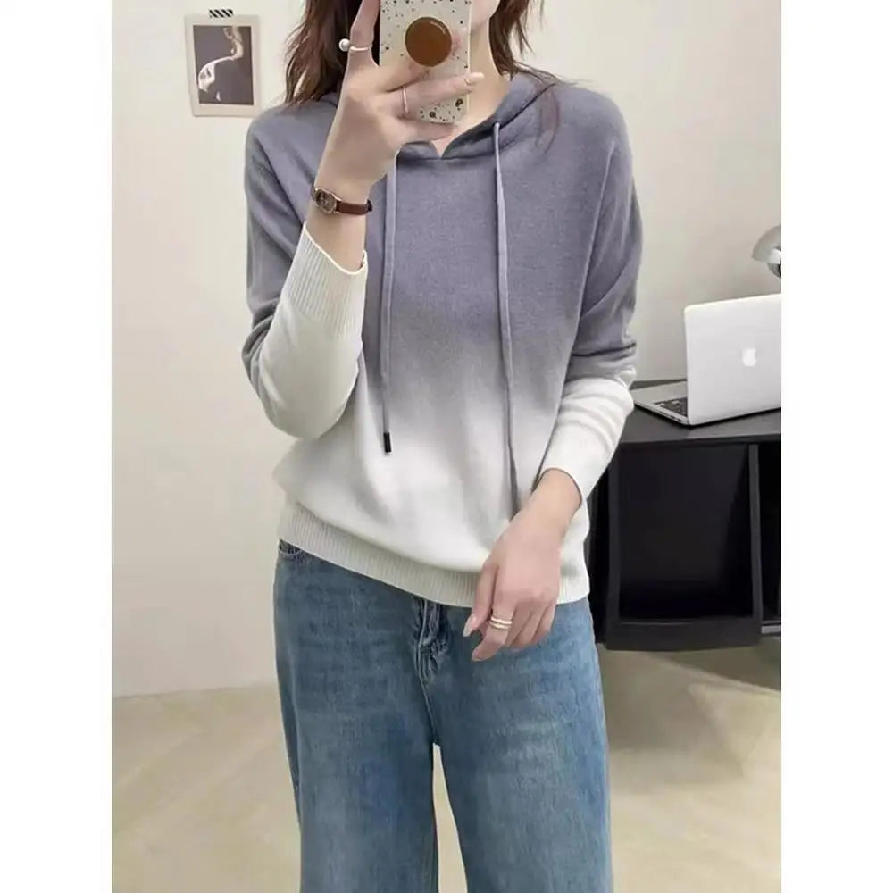 Весна-осень, женская одежда, длинный рукав, свитер с капюшоном, градиентный контраст