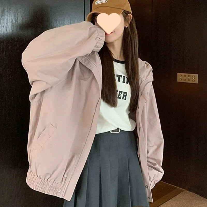 Koreaanse roze ritsjas voor dames, herfst/winter, windjack met omslagkraag