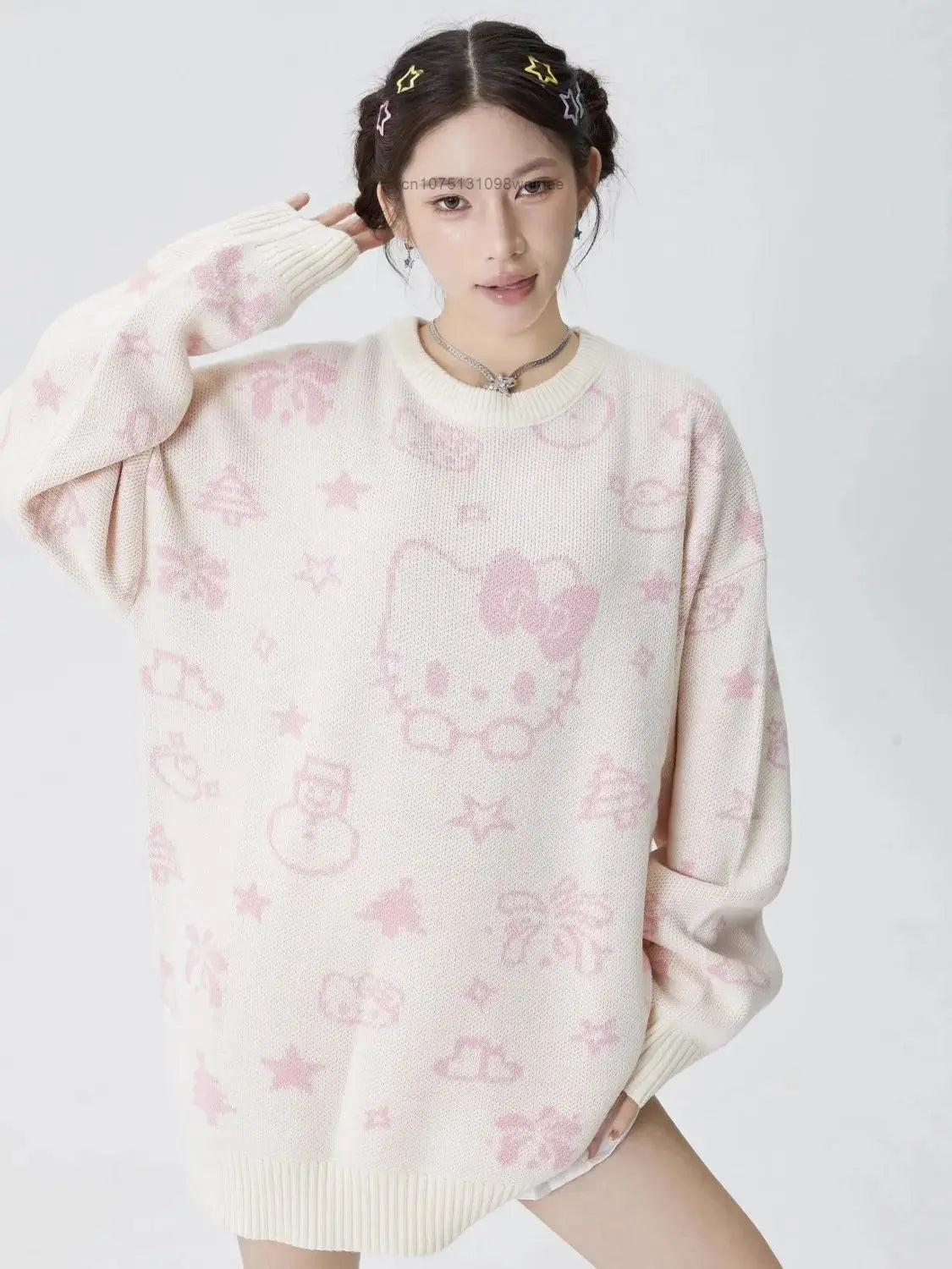 Kerst Hello Kitty schattige gebreide trui met sjaal voor vrouwen Y2k