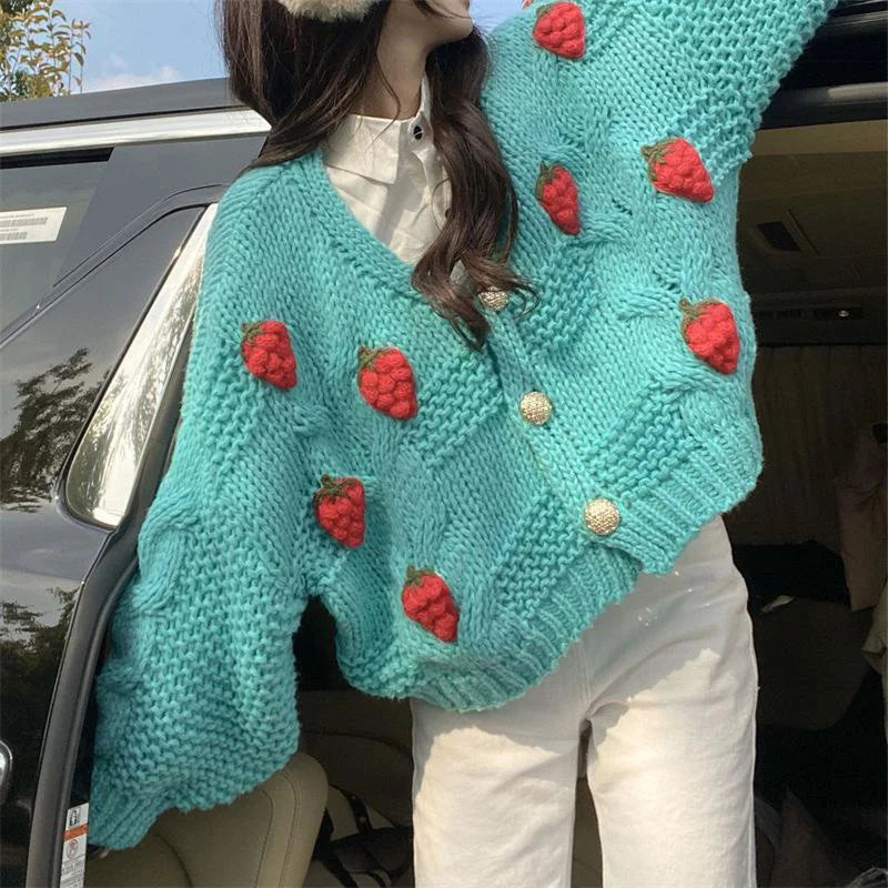 Zoete Aardbei Decor V-hals Cardigan Dames Koreaanse Hollow Out Crop Cardigans
