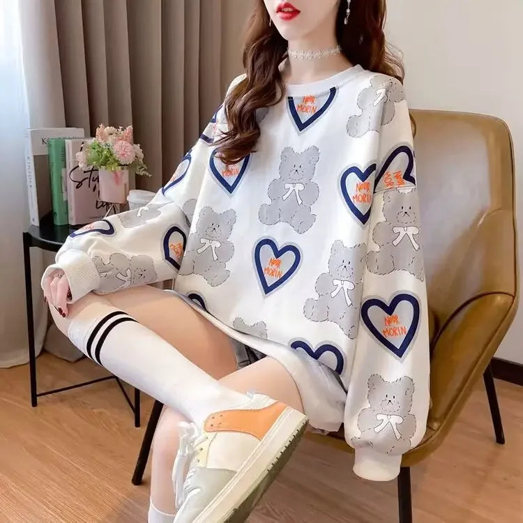 Hoodie Dames Lange Mouw Middellange Ronde Hals Losse en Veelzijdige Western-stijl Bedrukte Top voor