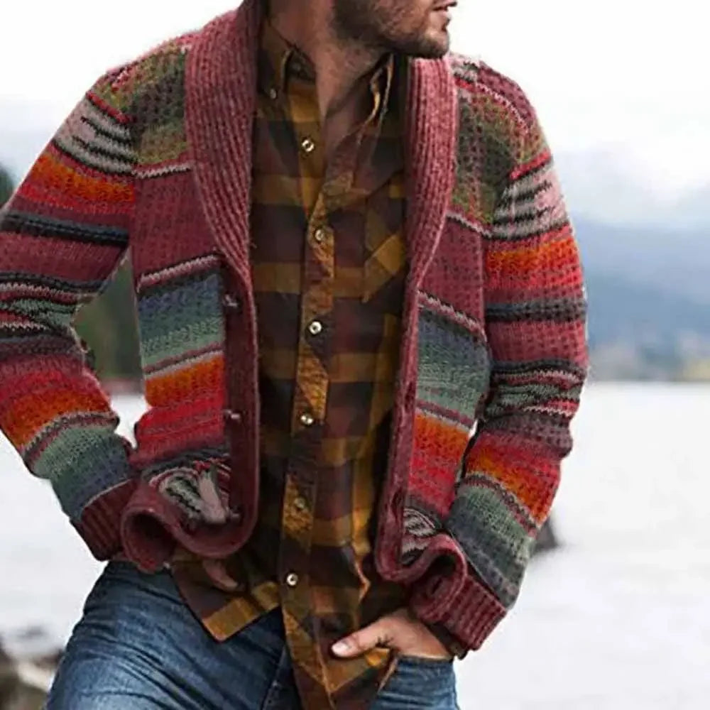 Men's Sweater Jacket Lapel Color-blocked Knitted Cardigan Sweater