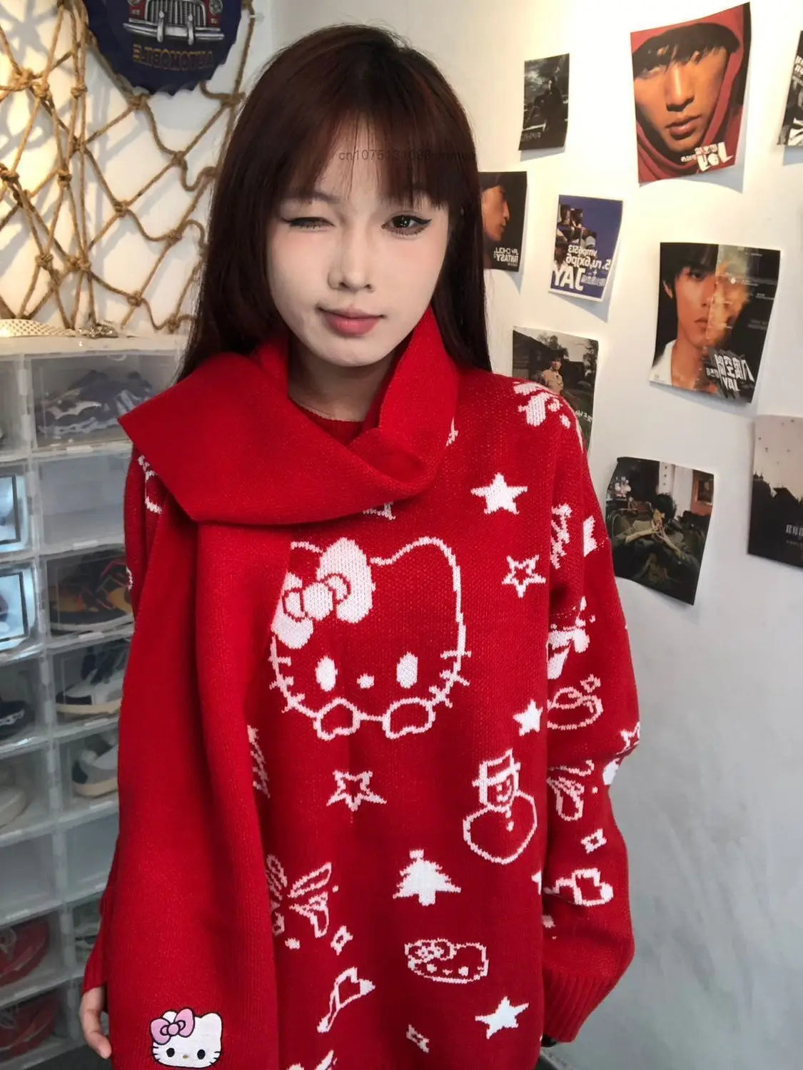 Kerst Hello Kitty schattige gebreide trui met sjaal voor vrouwen Y2k