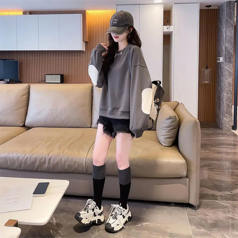 Western Design Round Neck Pullover Thin Sweatshirt for Women Korean Style Loose and Versatile