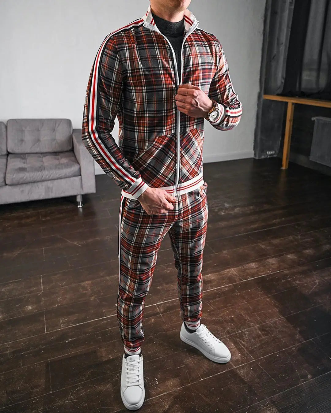 Mens Tracksuits Colorful Plaid Casual Zipper Hoodie Set 3D Print Set Autumn Male